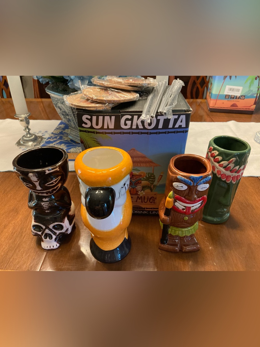 Set of 4 Tiki Mugs - Brand New Summer Fun - In Box, Straws & Coasters
